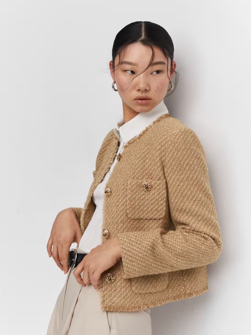 Mango Camel Tweed Fringed Jacket